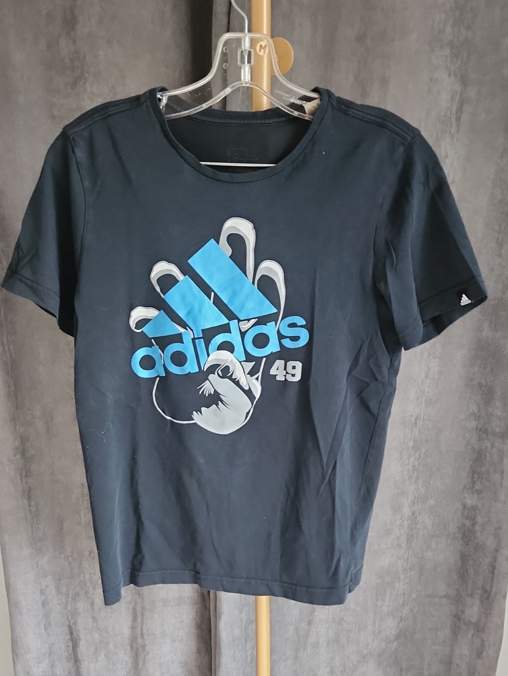 adidas Black Tee with Blue Logo and White Graphic